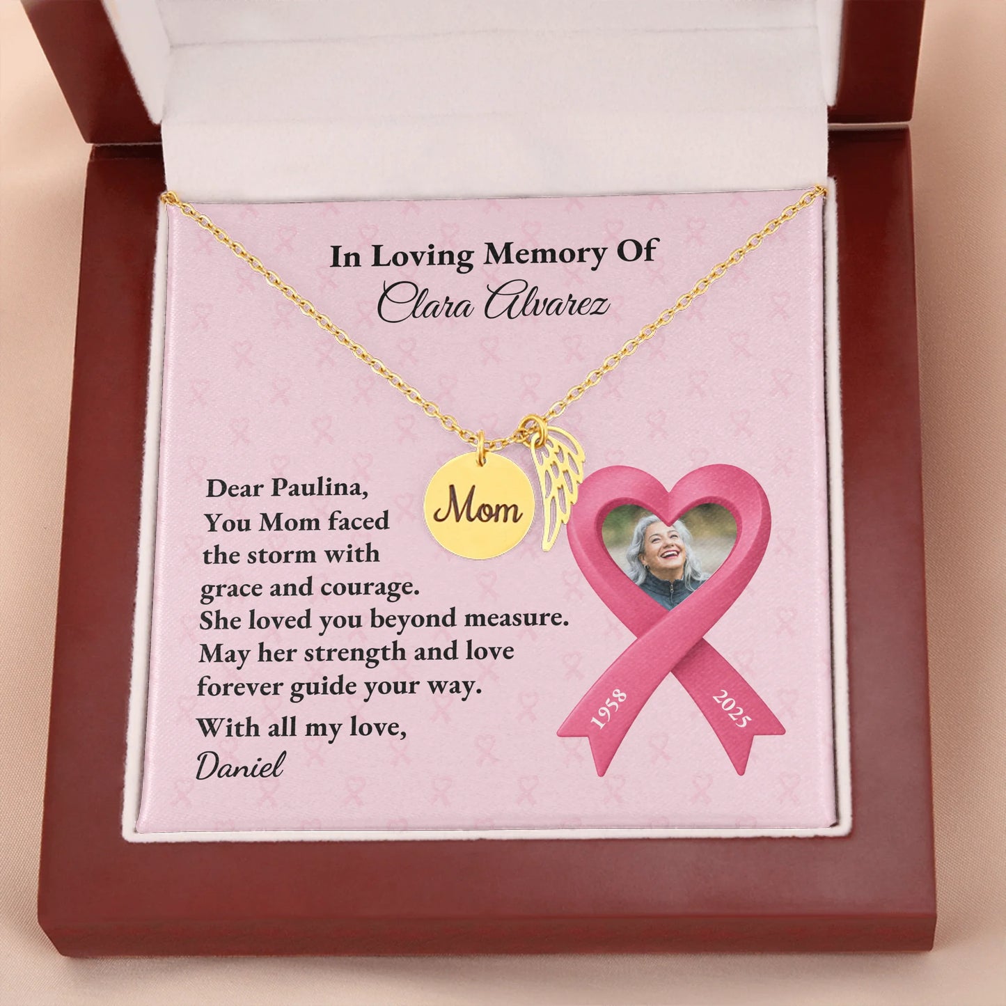 Mom Remembrance Necklace Gold w Wood Box 2