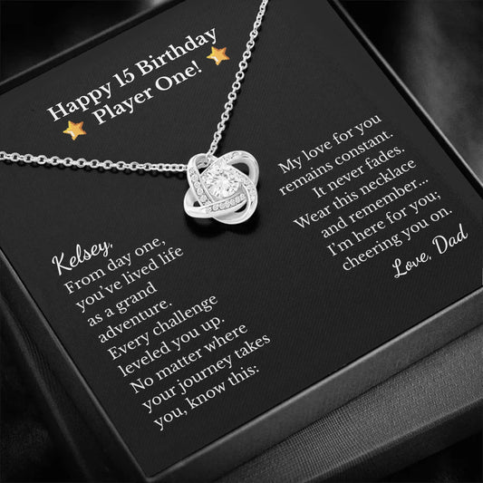 Happy Birthday Player One - Gift For Daughter - Love Knot Necklace With Personalized Message Card