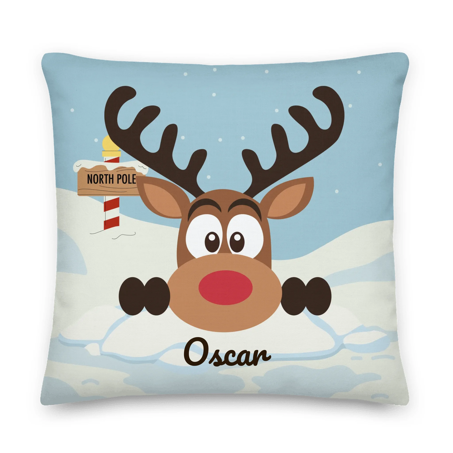 Peeking North Pole Reindeer Personalized Christmas Throw Pillow