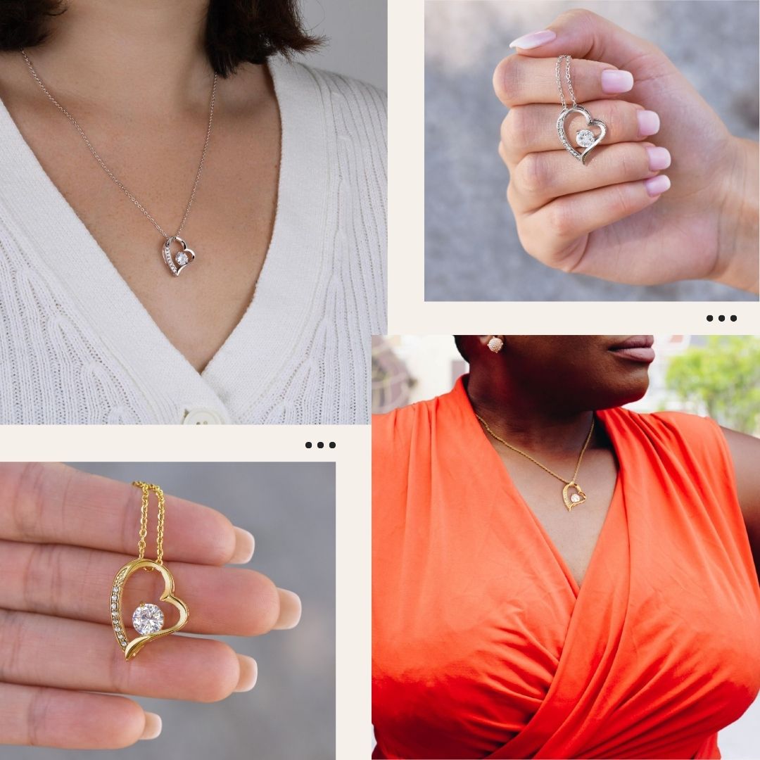 Love knot necklace worn by a woman with a white shirt