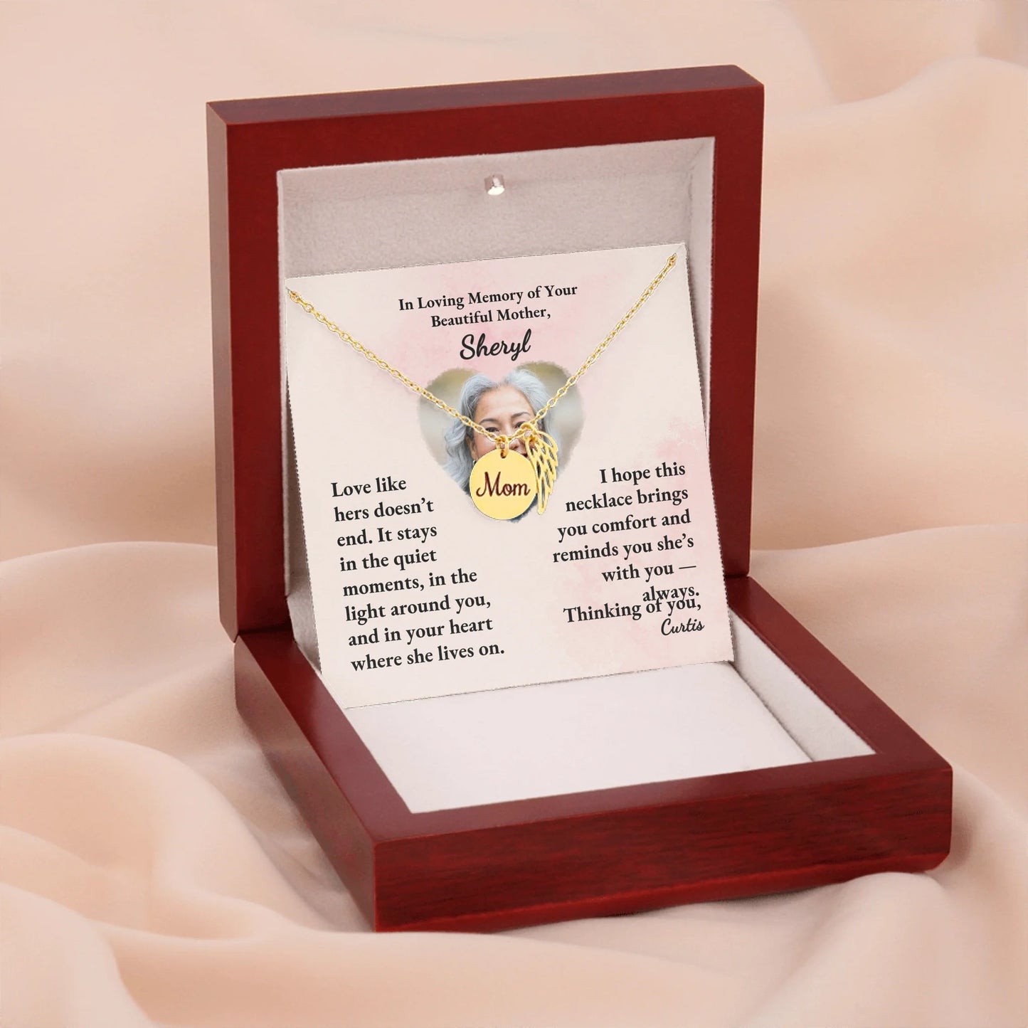 Mom Remembrance Necklace Gold w Wood Box 4