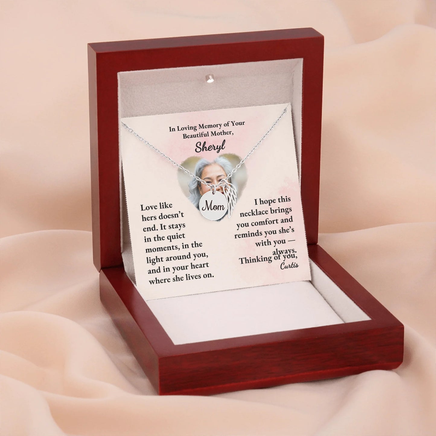 Mom Remembrance Necklace Silver w Wood Box 4