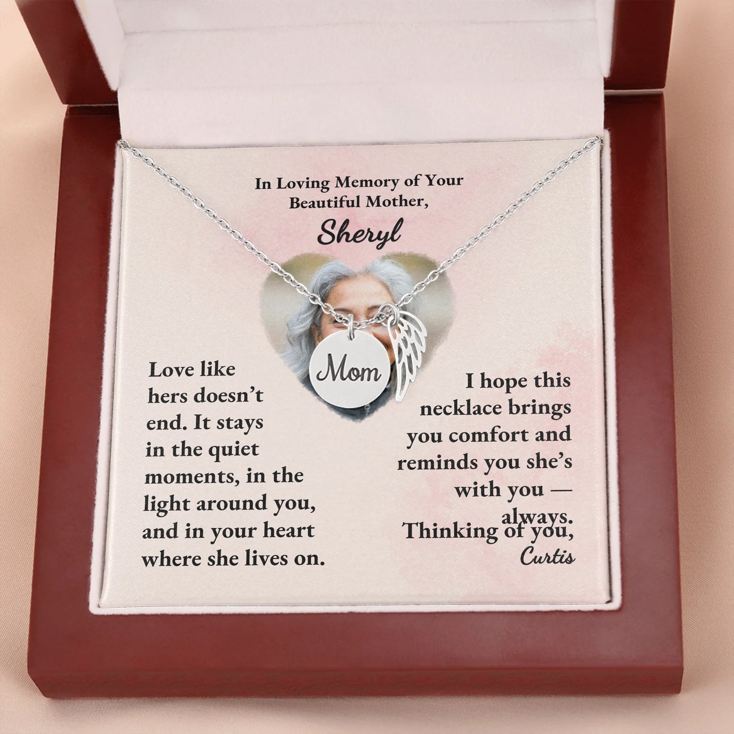 Mom Remembrance Necklace Silver w Wood Box 2