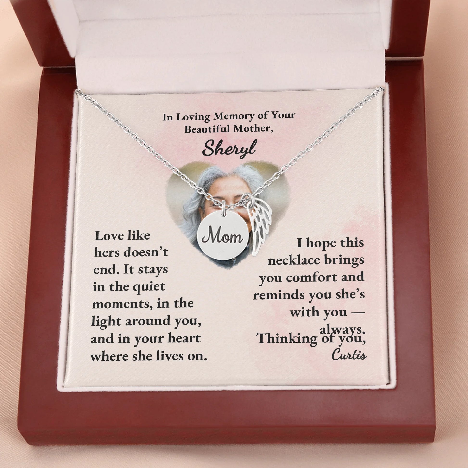 Mom Remembrance Necklace Silver w Wood Box 2