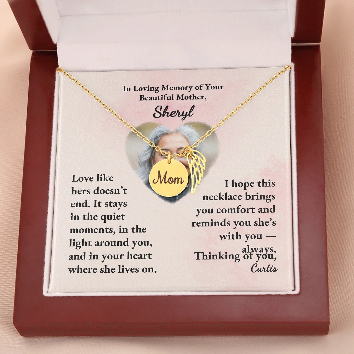 Mom Remembrance Necklace Gold w Wood Box 2