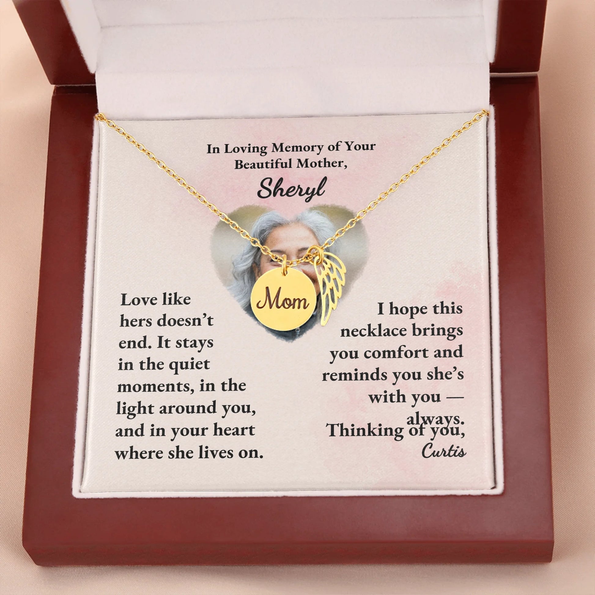Mom Remembrance Necklace Gold w Wood Box 2