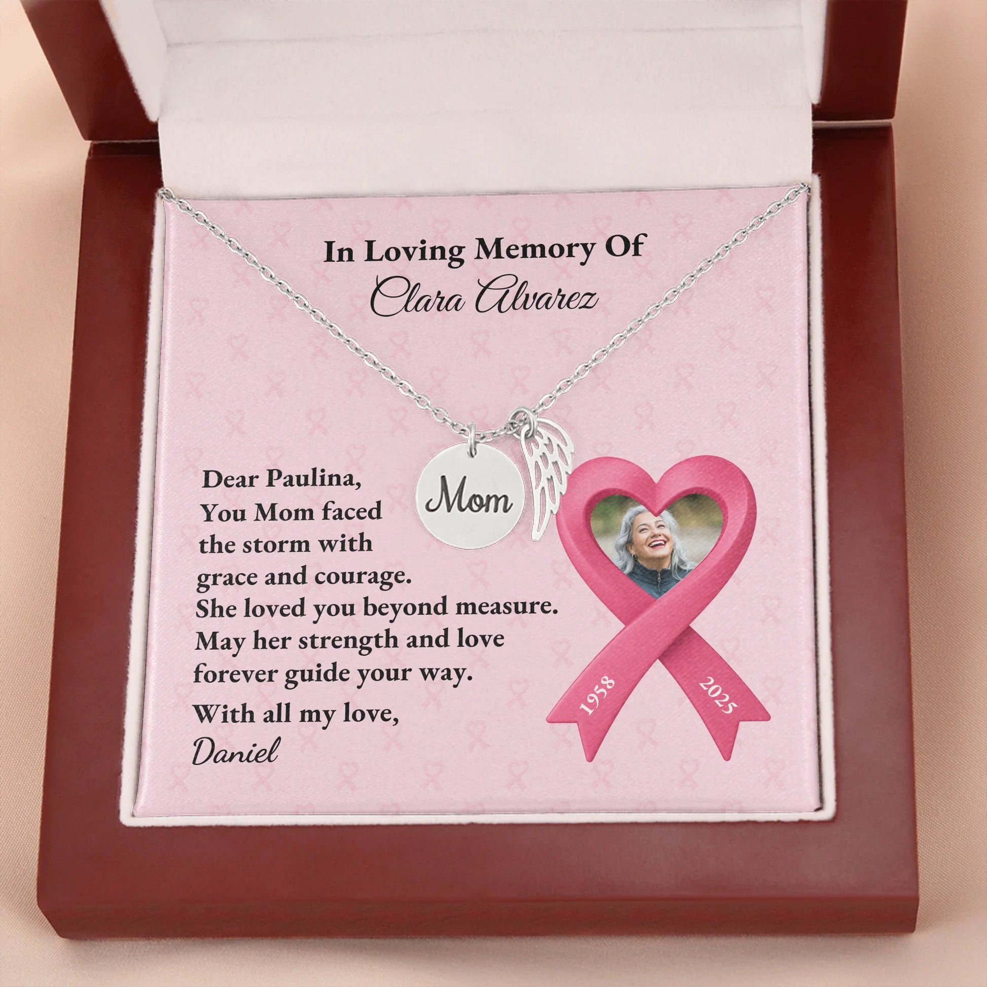 Mom Remembrance Necklace Silver w Wood Box 2