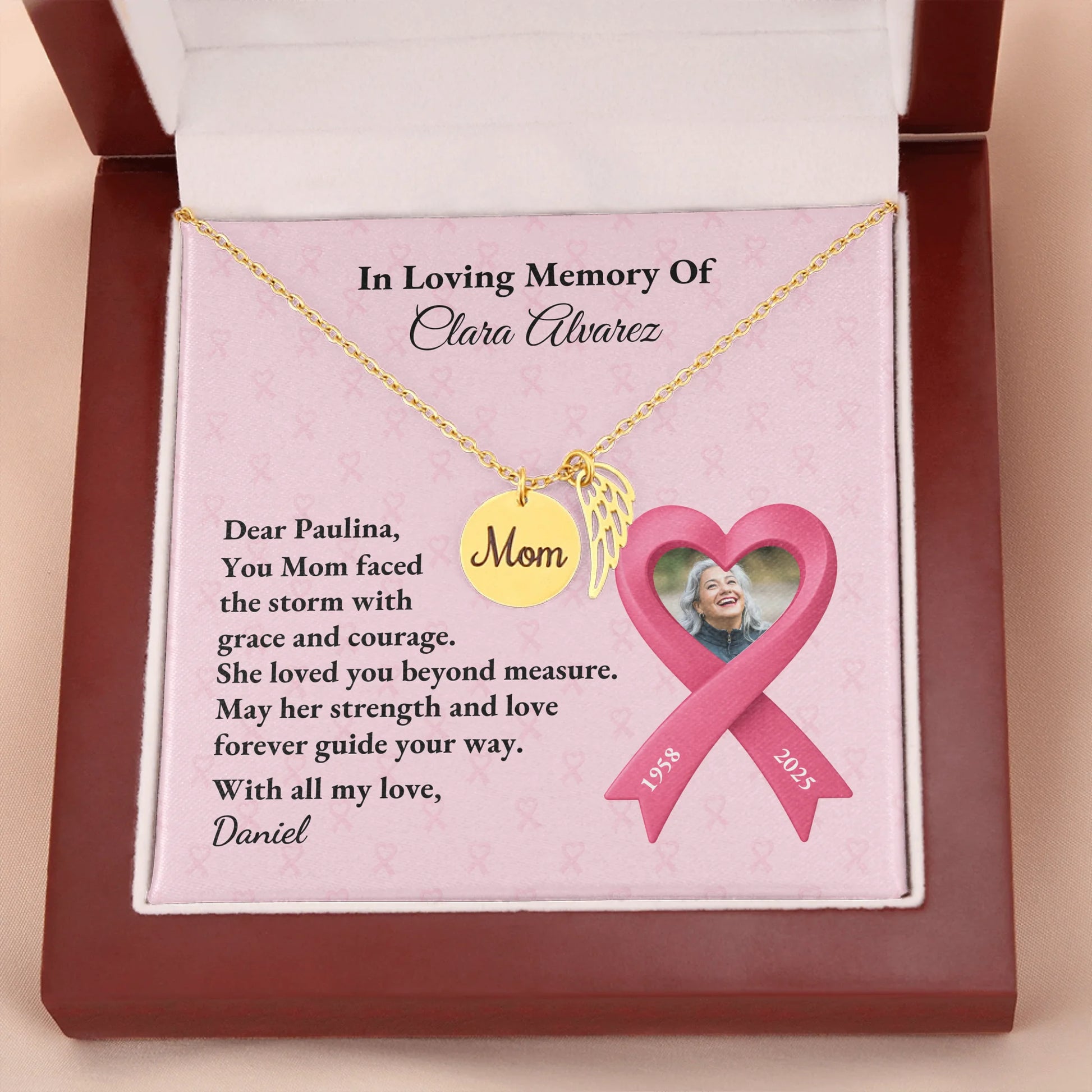 Mom Remembrance Necklace Gold w Wood Box 2