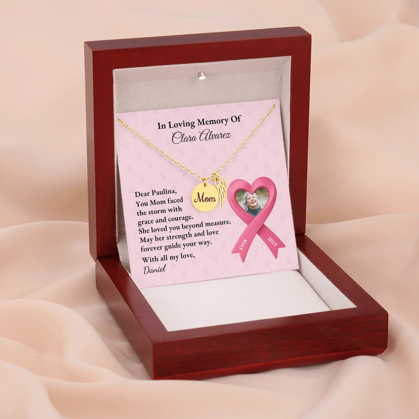 Mom Remembrance Necklace Gold w Wood Box 4