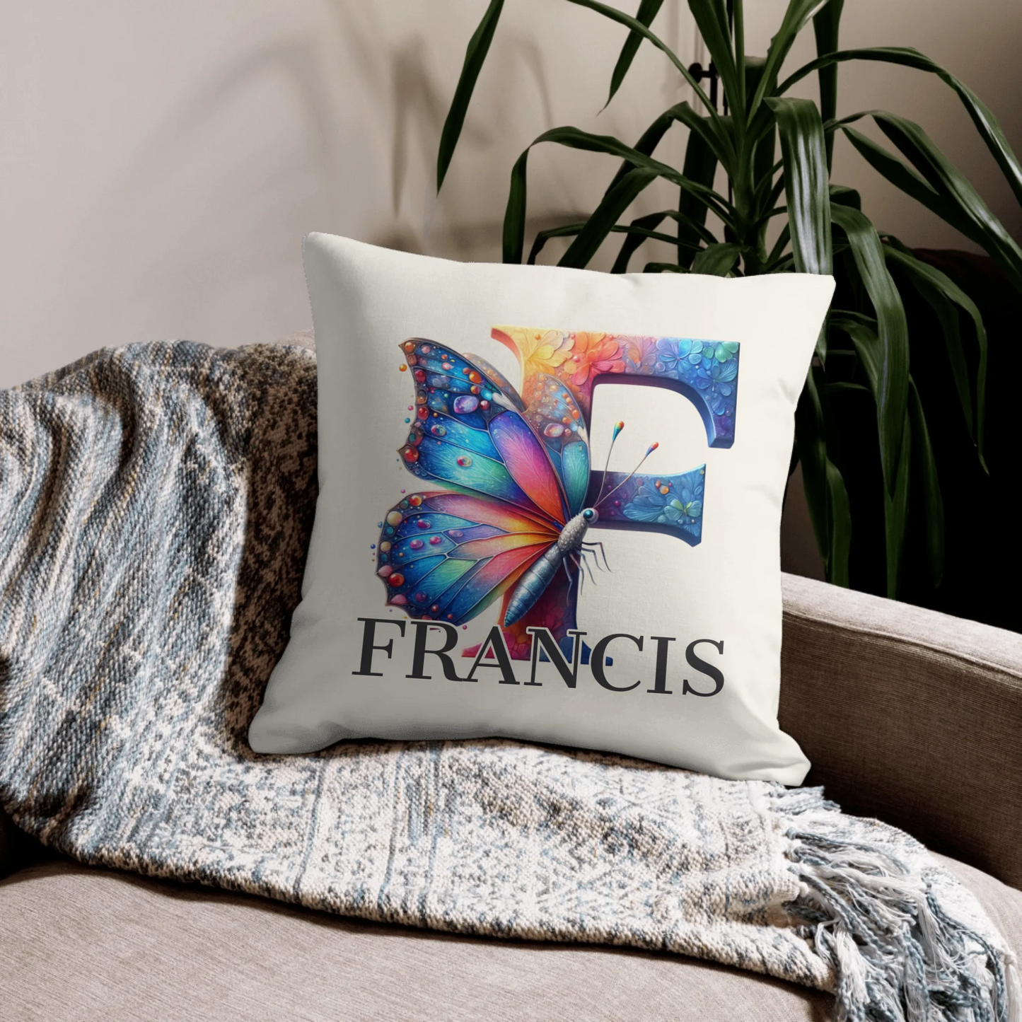 Monogrammed Watercolor Butterfly Throw Pillow