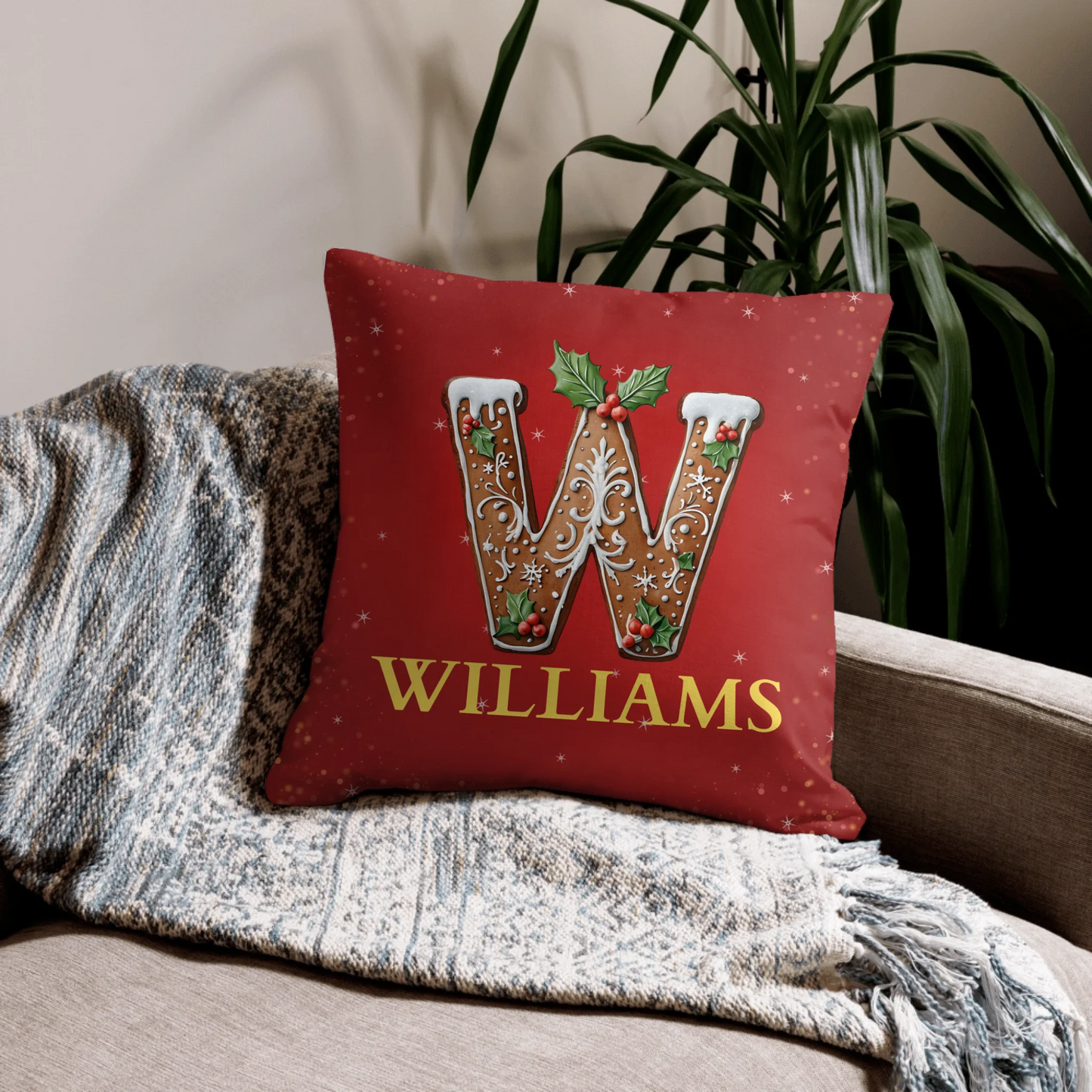 Personalized Monogram Gingerbread Christmas Throw Pillow