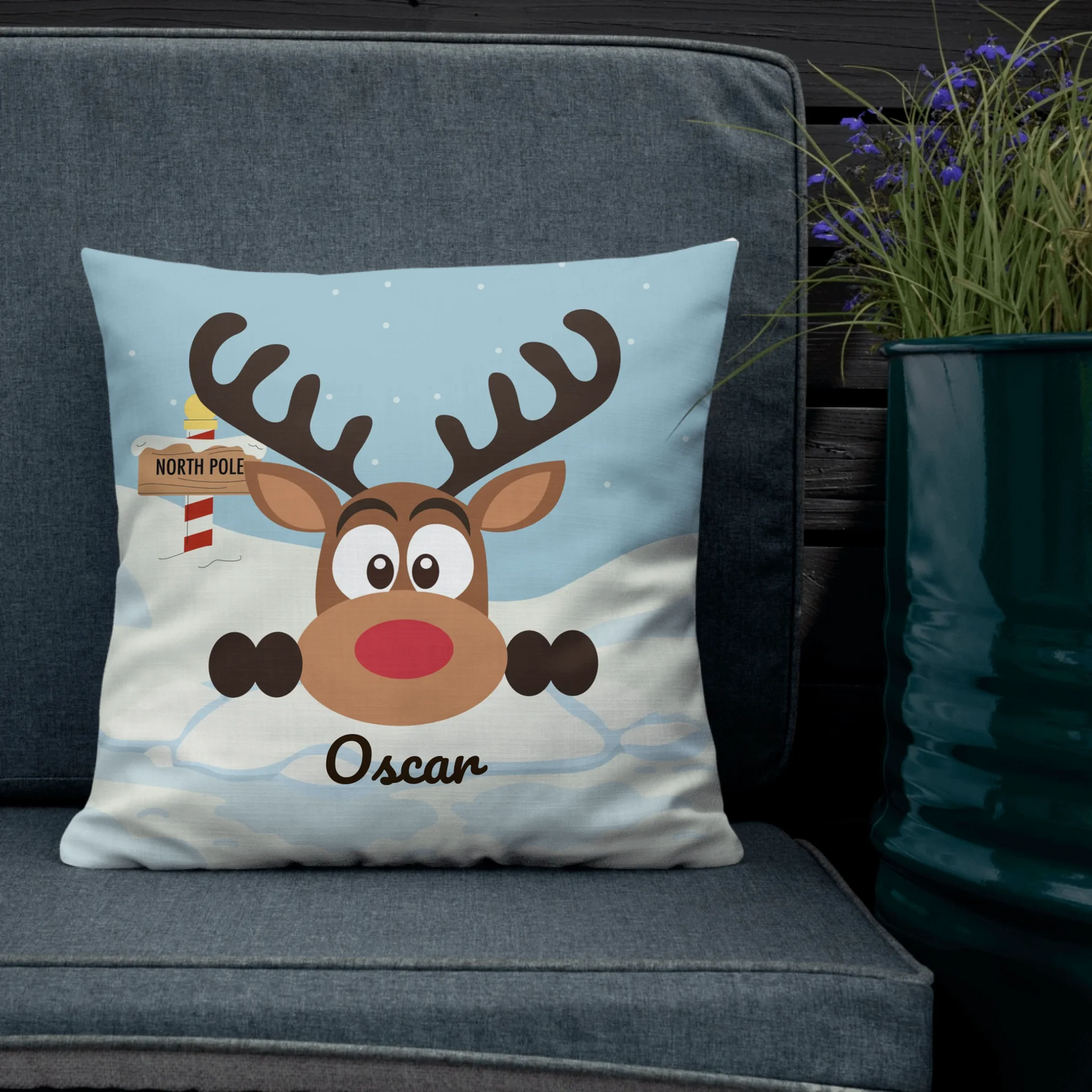 Peeking North Pole Reindeer Personalized Christmas Throw Pillow