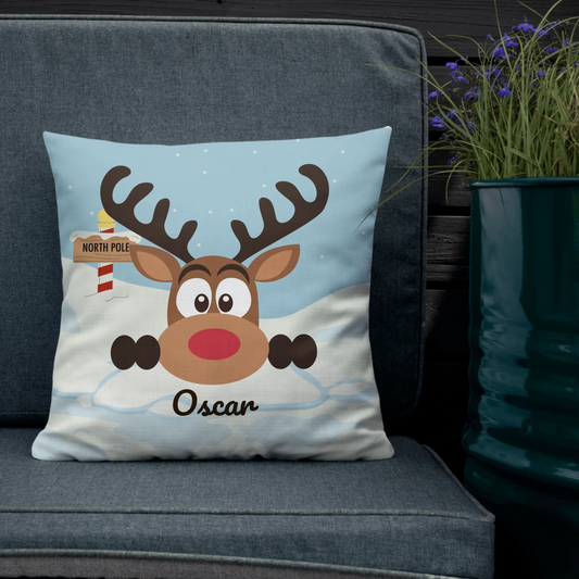 Peeking North Pole Reindeer Personalized Christmas Throw Pillow