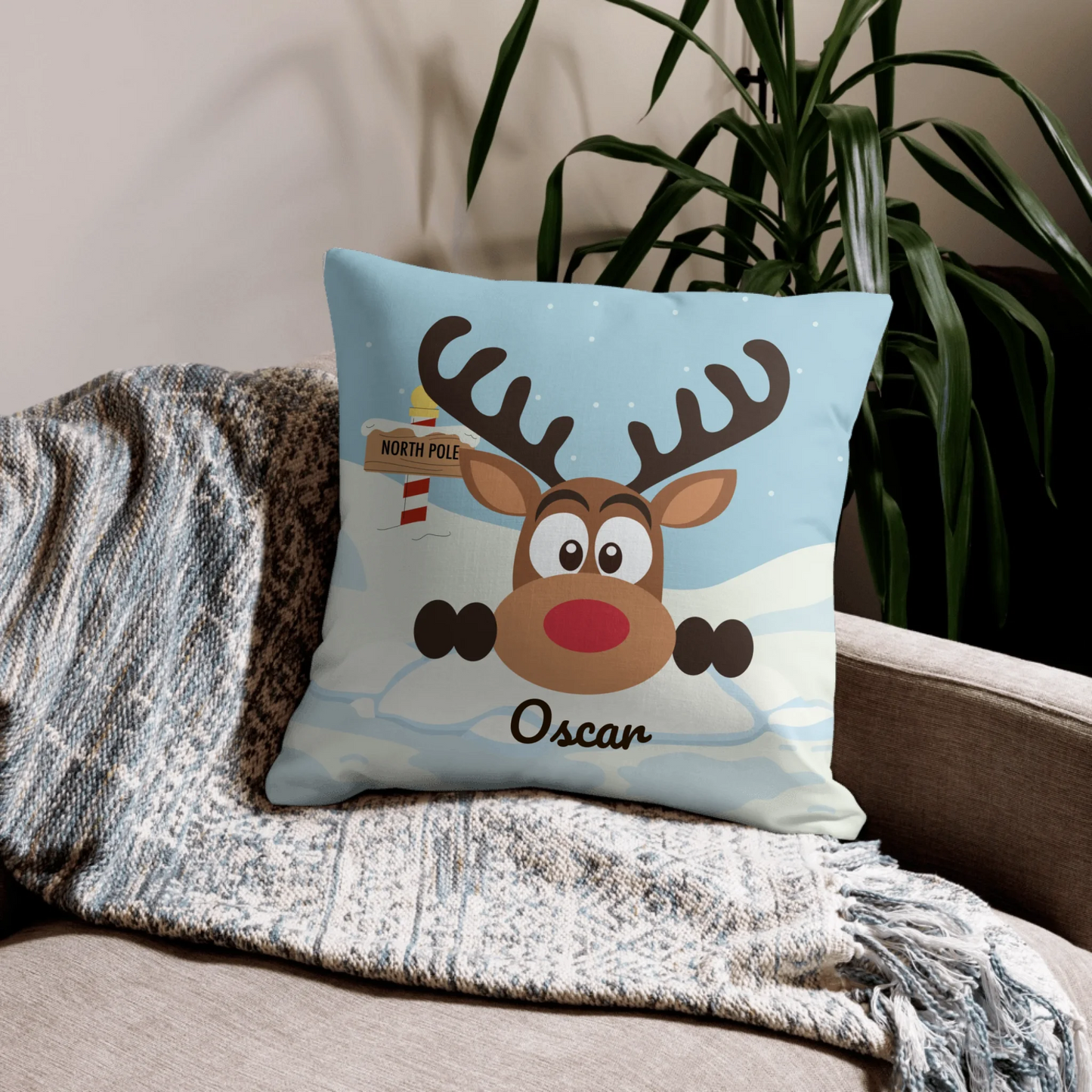 Peeking North Pole Reindeer Personalized Christmas Throw Pillow