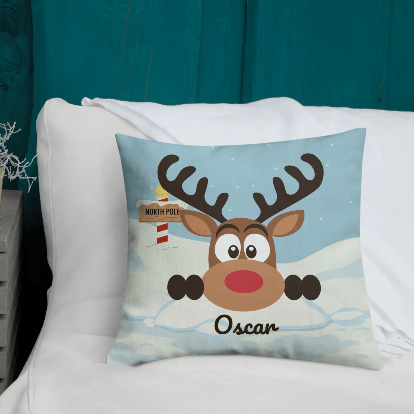 Peeking North Pole Reindeer Personalized Christmas Throw Pillow