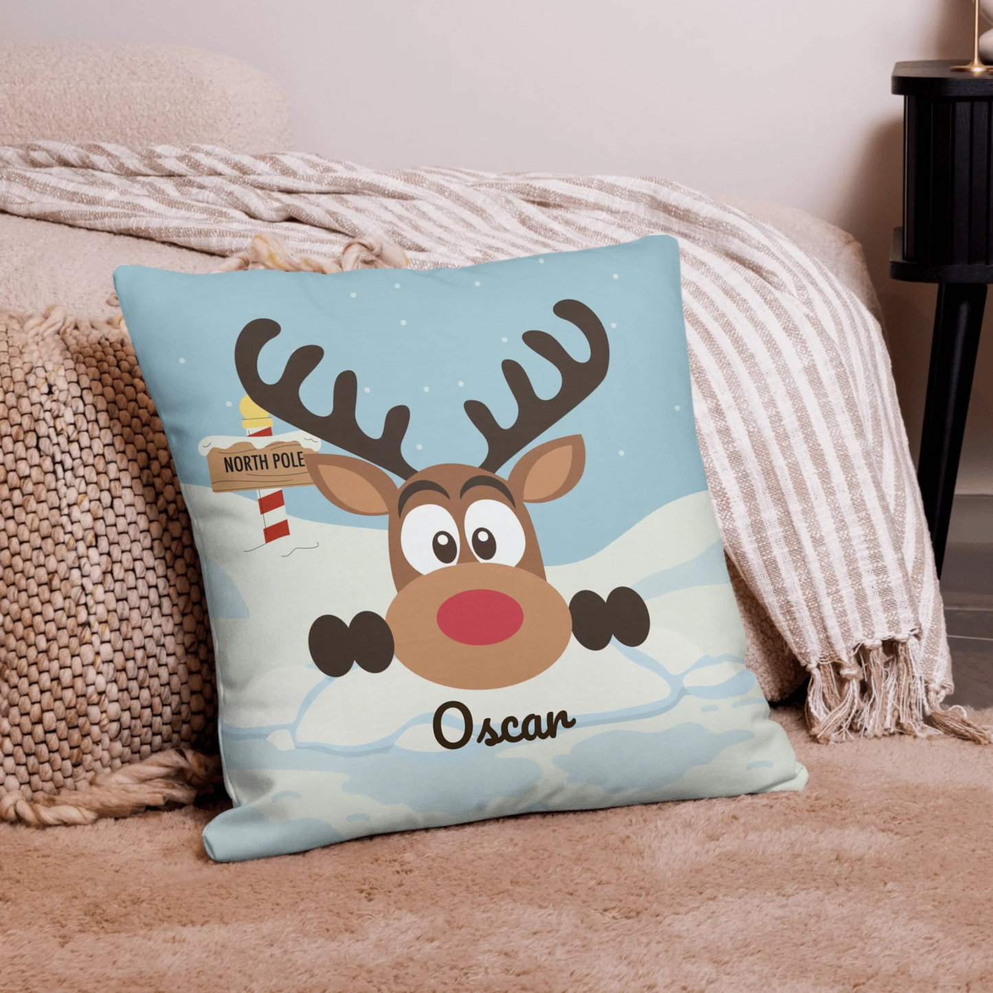 Peeking North Pole Reindeer Personalized Christmas Throw Pillow