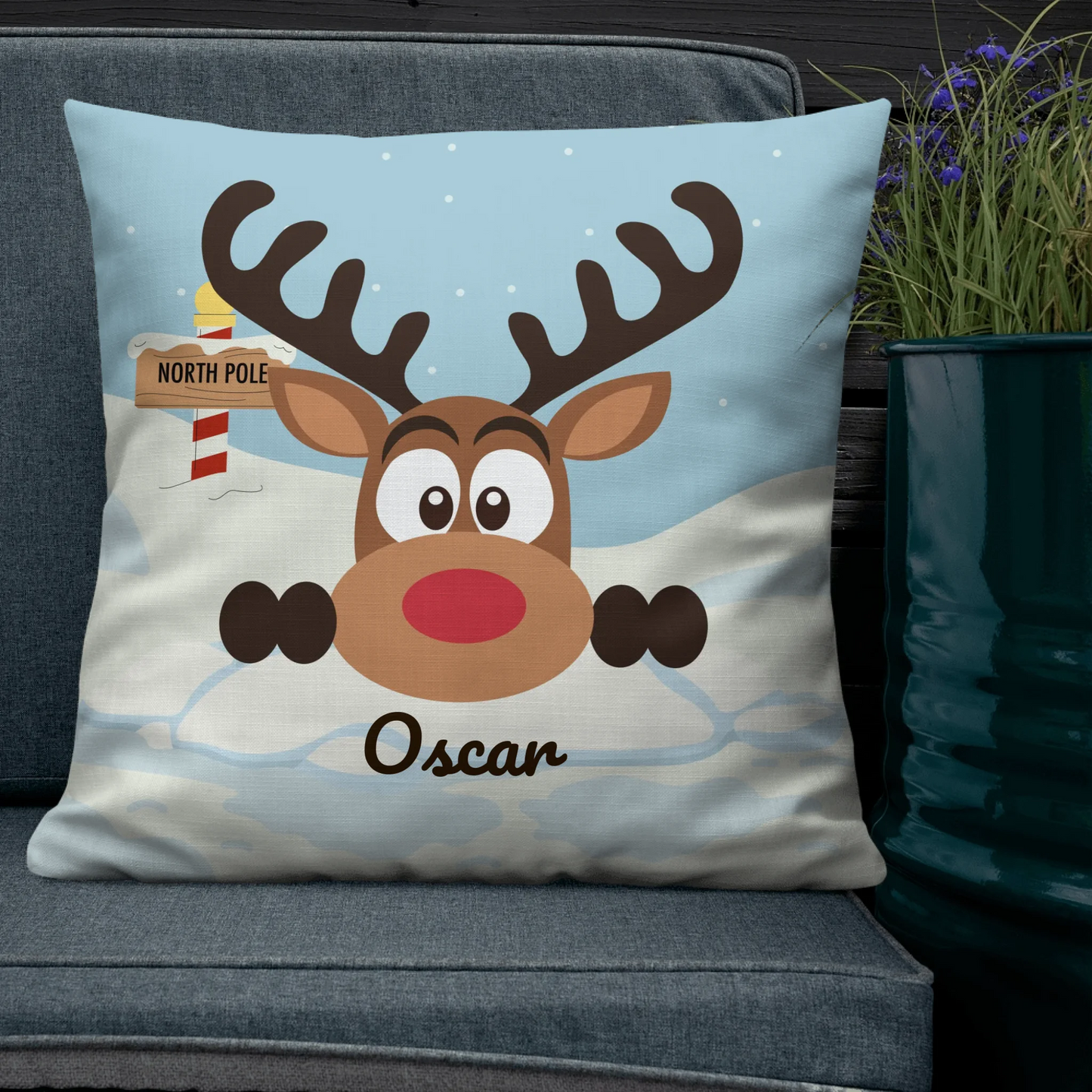 Peeking North Pole Reindeer Personalized Christmas Throw Pillow
