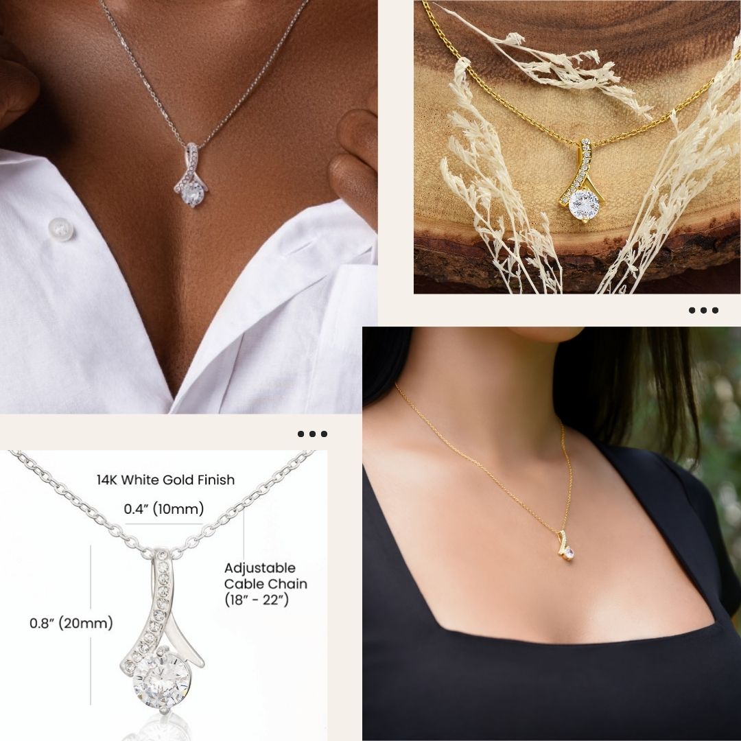 collage of images showing a woman wearing a silver necklace with the alluring beauty pendant in silver, a woman wearing a gold chain with a gold alluring beauty pendant, an image of the alluring beauty pendant and chain in gold sitting on a stone setting, an image demonstrating the dimensions of the alluring beauty pendant