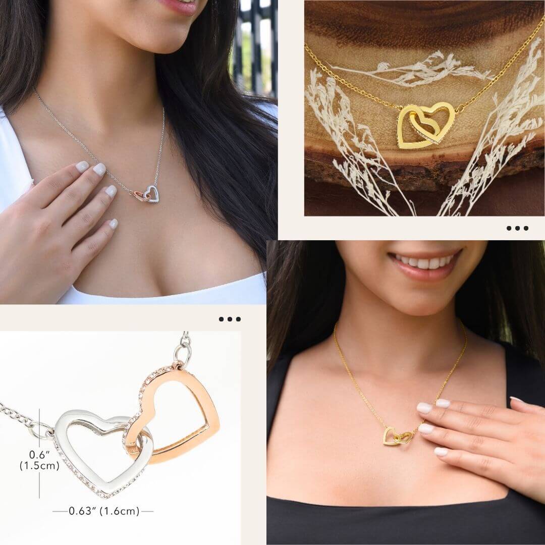 Interlocking hearts necklace pendant in both gold, and silver and rose gold